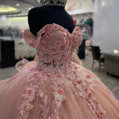 Pink Lace Long Prom Dress, Ball Gowns Sweet 16 Dresses