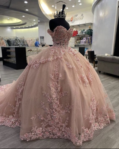 Pink Lace Long Prom Dress, Ball Gowns Sweet 16 Dresses