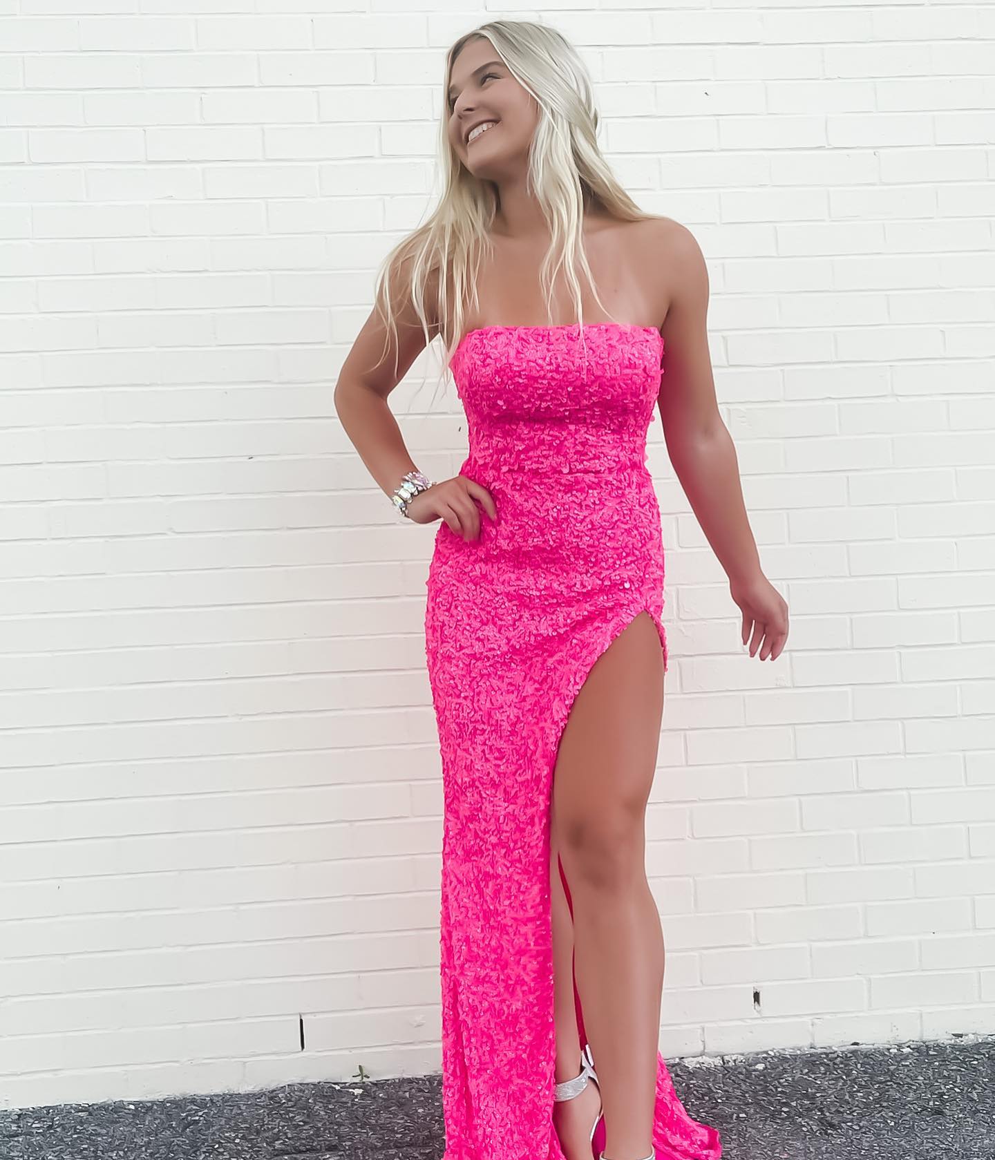 Pink Sequin Long Prom Dresses Strapless Mermaid Prom Gowns