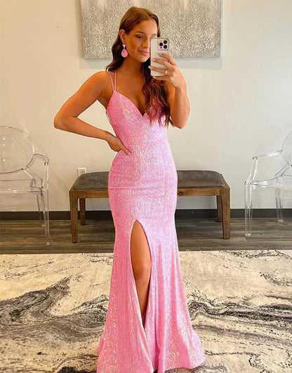 omberprom Sparkly Orange Sequins Evening Dress Mermaid Long Prom Dress