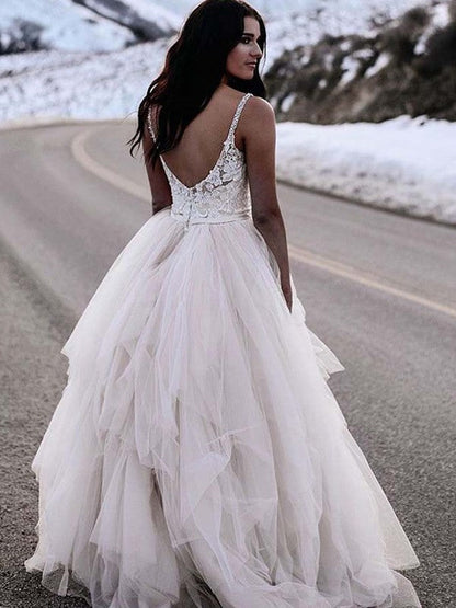 PM438,Sexy White Light Pink Floral Prom Dresses,Puffy Tulle Long Wedding Gown