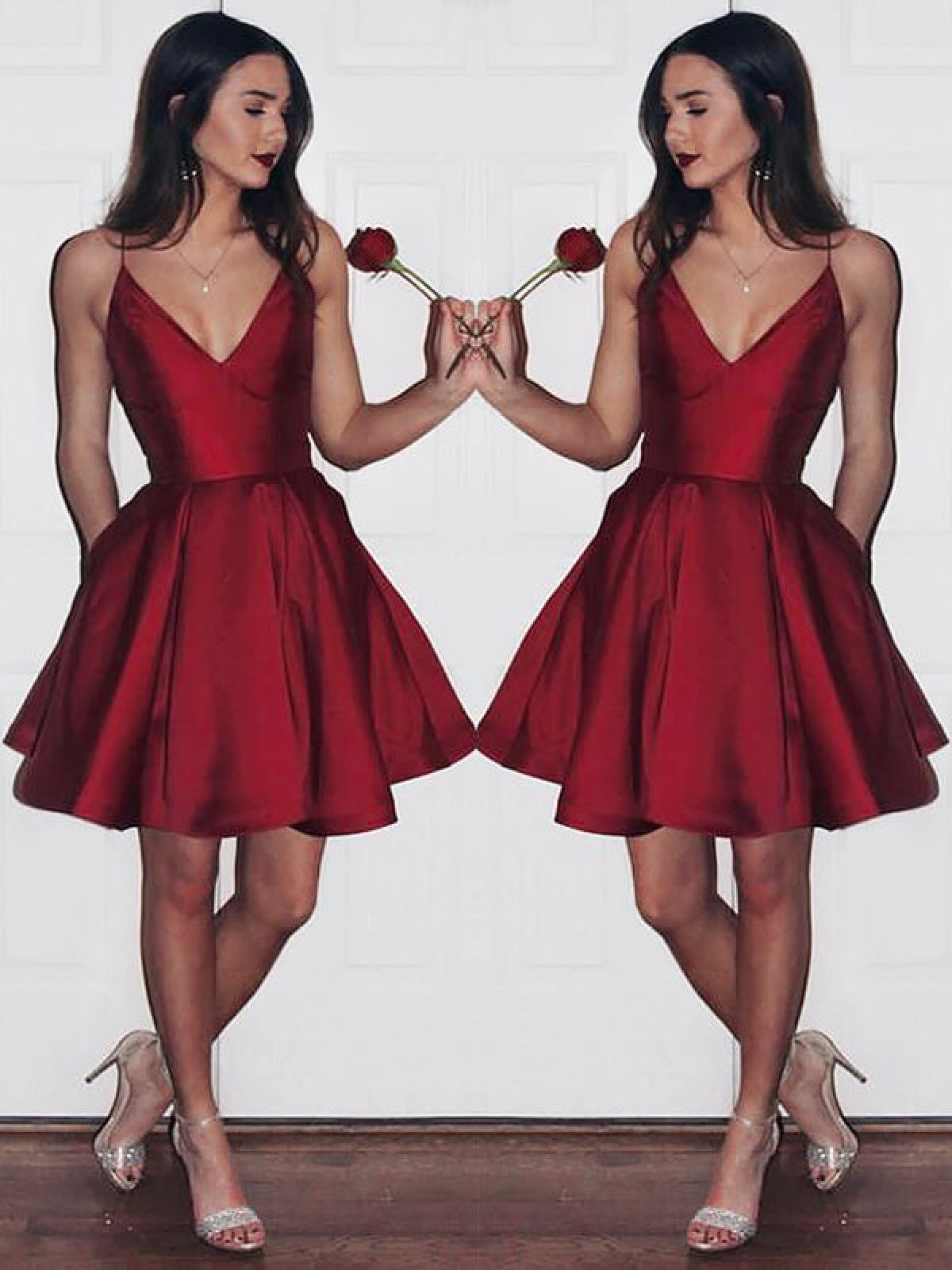 PM111,Burgundy Short Cute Simple Spaghetti Straps Homecoming Dress