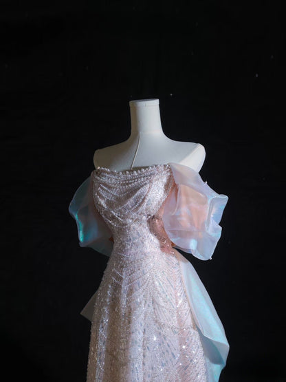 Pretty A Line Off The Shoulder Pink Sequin Long Prom Dresses Prom Gown