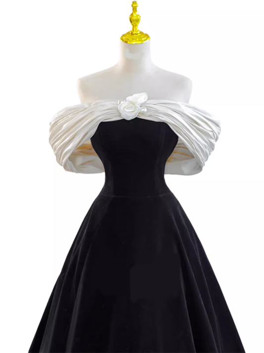 Pretty Ball Gown Off The Shoulder Black Velvet Evening Party Dresses Prom Dresses With Flower PD0043