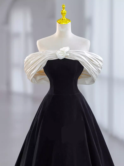 Pretty Ball Gown Off The Shoulder Black Velvet Evening Party Dresses Prom Dresses With Flower PD0043
