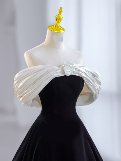 Pretty Ball Gown Off The Shoulder Black Velvet Evening Party Dresses Prom Dresses With Flower PD0043