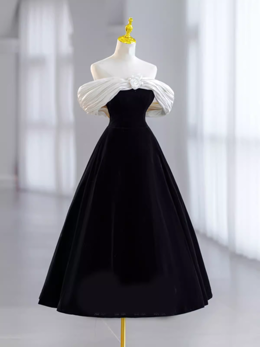 Pretty Ball Gown Off The Shoulder Black Velvet Evening Party Dresses Prom Dresses With Flower PD0043