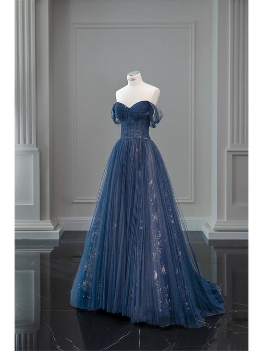 Pretty Ball Gowns Off The Shoulder Navy Blue Tulle Long Prom Dress