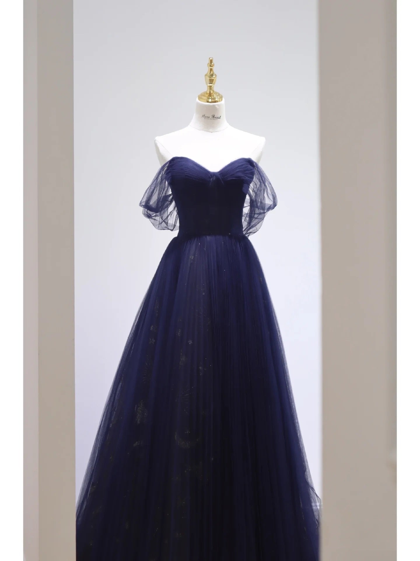 Pretty Ball Gowns Off The Shoulder Navy Blue Tulle Long Prom Dress