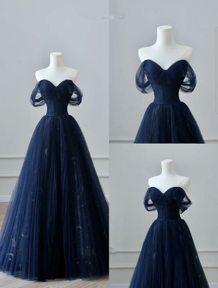 Pretty Ball Gowns Off The Shoulder Navy Blue Tulle Long Prom Dress