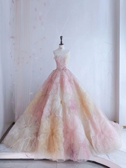 Pretty Ball Gowns Sweetheart Pink Flowers Tulle Long Quinceanera Dress Prom Short Sleeves Flowers Vestido De 15 Anos Sweet 16 Dresses