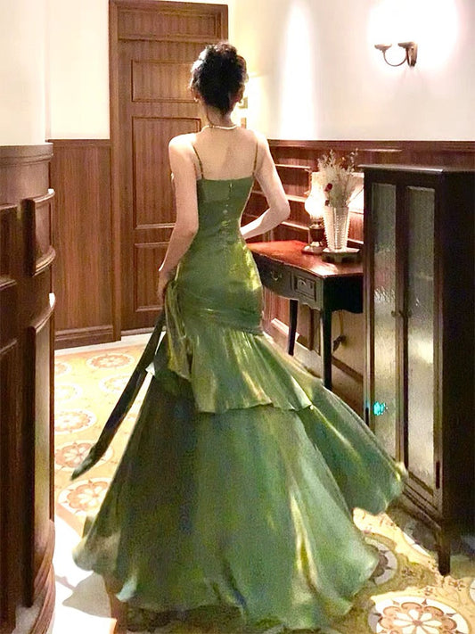 Pretty Mermaid Spaghetti Straps Olive Green Long Prom Dresses Prom Gown