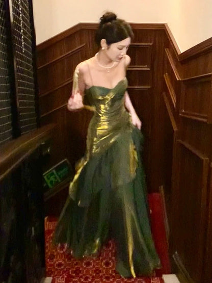 Pretty Mermaid Spaghetti Straps Olive Green Long Prom Dresses Prom Gown