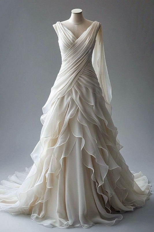 Princess Ball Gowns V Neckline Pleats White Chiffon Wedding Dresses