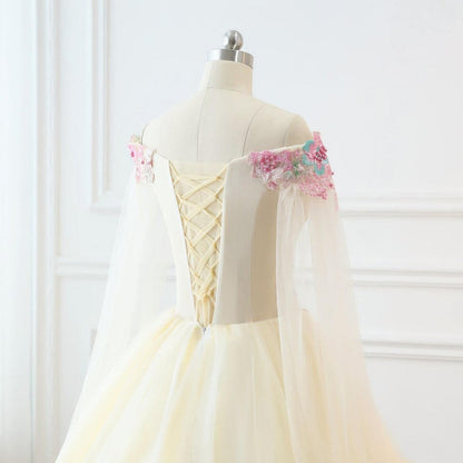 Light Champagne Off Shoulder Sweet 16 Dress, Champagne Tulle Long Formal Dress