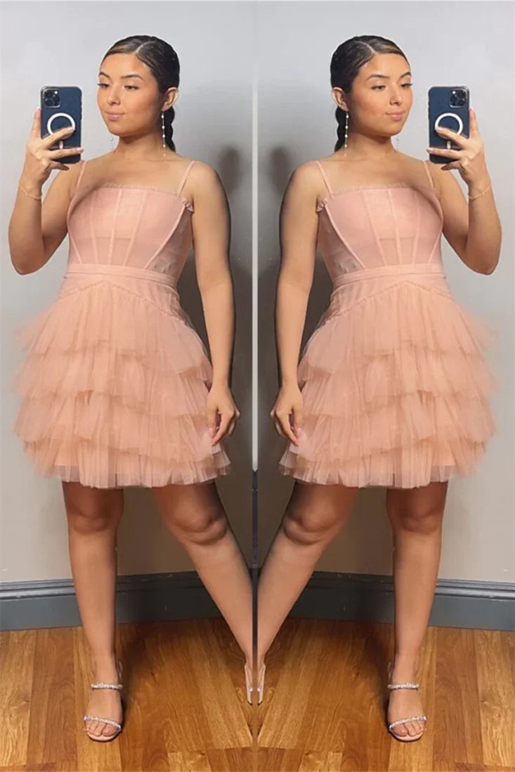 Cute Black Straps Tiered Tulle Short Party Dress     S2849