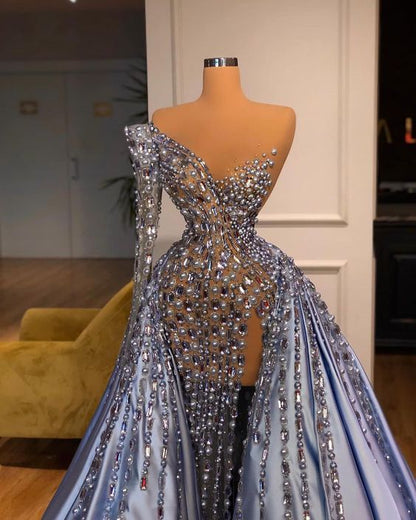 Elegant One Shoulder Purple Evening Dress Side Slit With Train Gorgeous Custom Made Evening Gowns Y1127