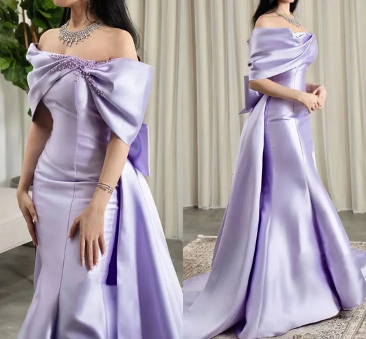 Lilac Pearls Evening Birthday Dress 2024 Off The Shoulder Mermaid Sweep Train Bow Satin Formal Prom Gowns