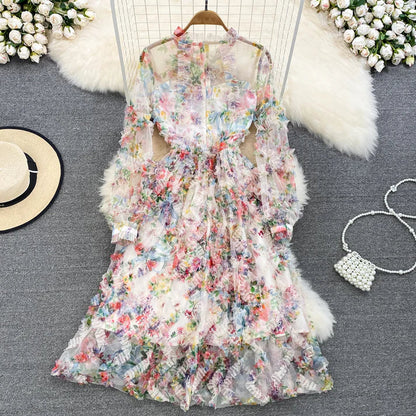 Autumn Bowknot Stand Collar Polka Dot Lace A Line Dress      S4940