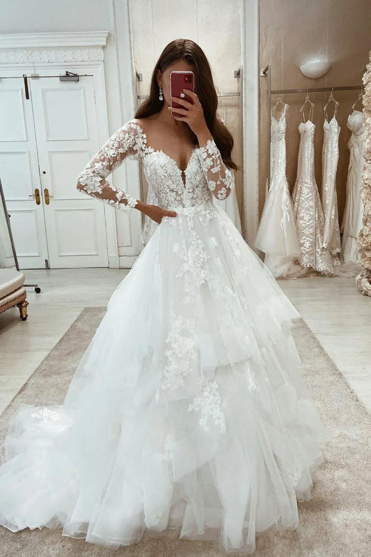 White Lace Long Sleeve Prom Dresses A Line Formal Evening Gown