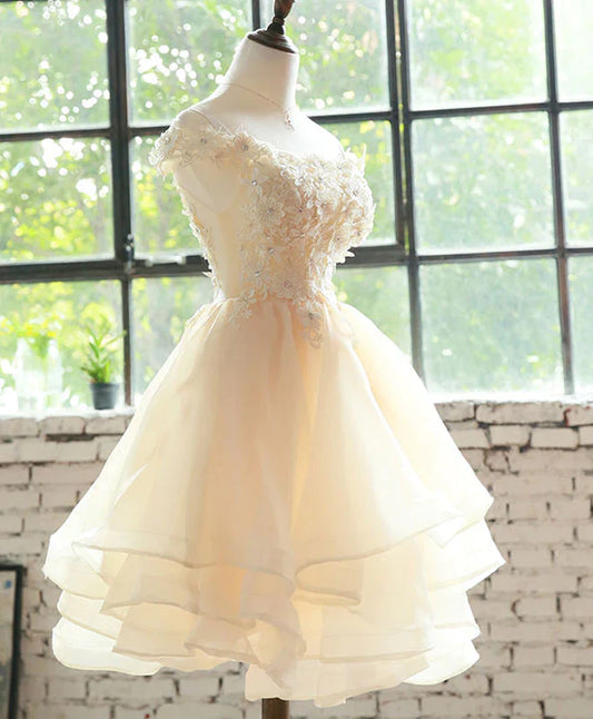 Champagne Lace Tulle Short Prom Dress, Homecoming Dress      S3523