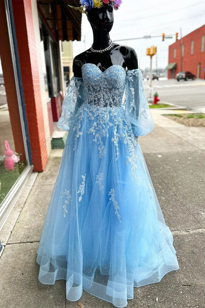 Blue Floral Lace Sweetheart A Line Prom Gown with Sleeves