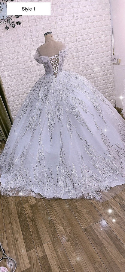 Luxurious white queen style sleeves beaded crystals sparkle ball gown wedding dress with glitter tulle C2156