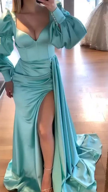 Satin Sweetheart High Slit Gown With Marie Sleeves & Sweep Train Y600
