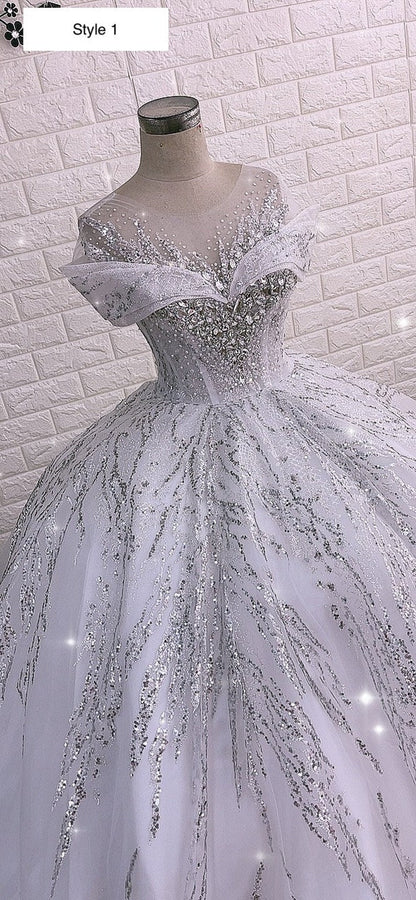 Luxurious white queen style sleeves beaded crystals sparkle ball gown wedding dress with glitter tulle C2156