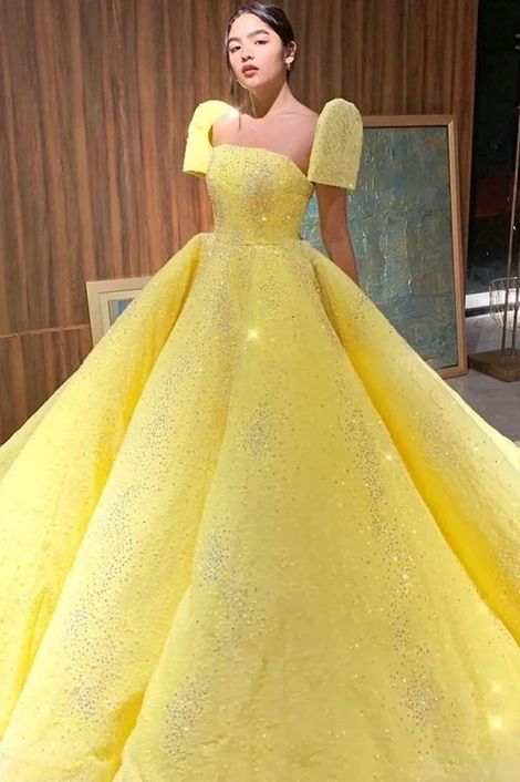 Ball Gown Sparkly Yellow Short Sleeves Prom Dresses Evening Dress  C2152