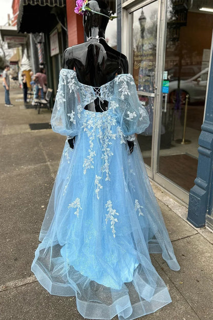 Blue Floral Lace Sweetheart A Line Prom Gown with Sleeves