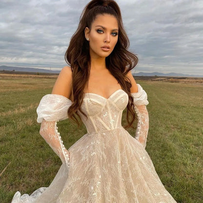 Stunning Lace Long Sleeves Wedding Dresses Off The Shoulder Sweetheart Neck A Line Bridal Gowns