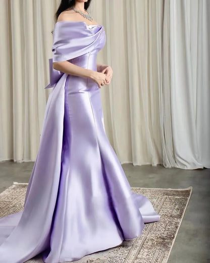 Lilac Pearls Evening Birthday Dress 2024 Off The Shoulder Mermaid Sweep Train Bow Satin Formal Prom Gowns