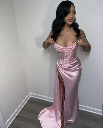 Elegant Satin Strapless High Slit Mermaid Long Prom Dress Party Dress Evening Dress TP4491