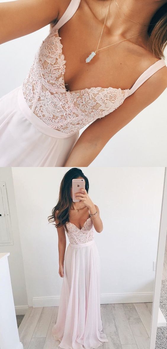 Elegant A-line V-neck Long Chiffon Pink Long Prom Dresses