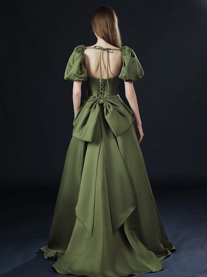 Green Satin Long Short Sleeves Low Back Party Dress, A-line Green Prom Dress