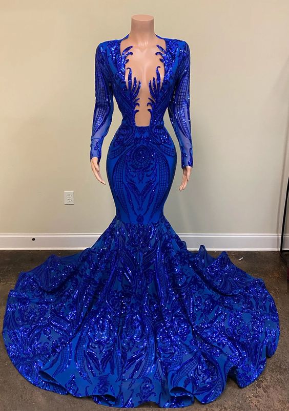 Blue Shiny Sexy V-Neck Long Sleeves Prom Dress Prom Gowns Prom Dresses