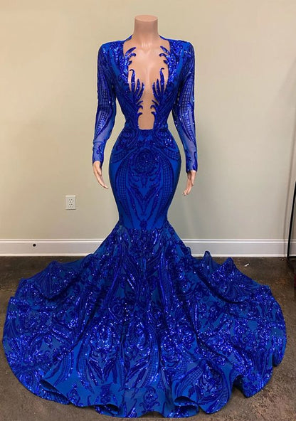 Blue Shiny Sexy V-Neck Long Sleeves Prom Dress Prom Gowns Prom Dresses