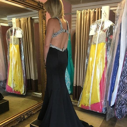 omberprom A-line Deep-V Sweep Train Satin Black Simple Prom Dresses Sexy Evening Dress Party Dress