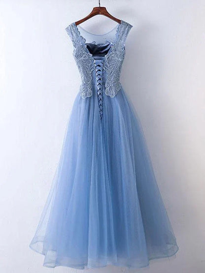 omberprom Elegant A-line Illusion Tulle Appliqued Prom Dress Beautiful Evening Dress Wholesale