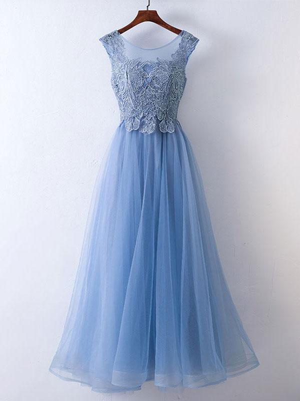 omberprom Elegant A-line Illusion Tulle Appliqued Prom Dress Beautiful Evening Dress Wholesale