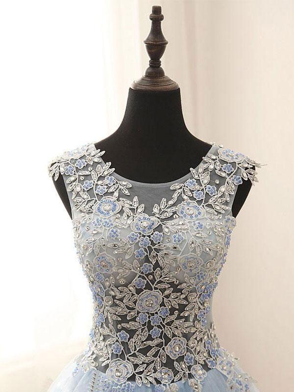 omberprom Elegant A-line Scoop-Neck Sleeveless Floor-Length Tulle Appliqued Prom Dress Wholesale