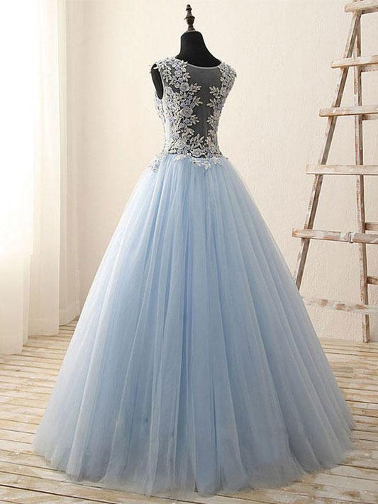omberprom Elegant A-line Scoop-Neck Sleeveless Floor-Length Tulle Appliqued Prom Dress Wholesale