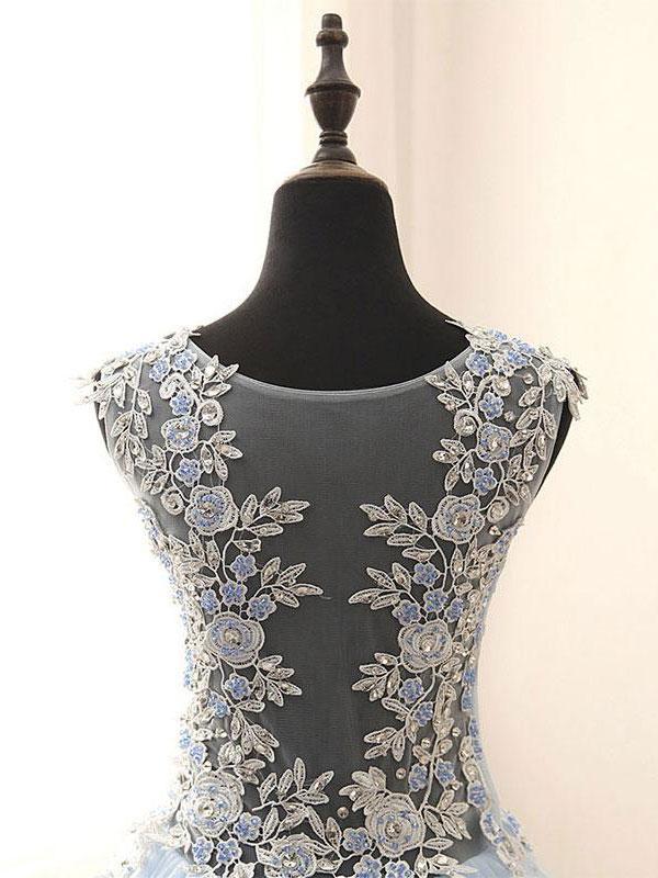 omberprom Elegant A-line Scoop-Neck Sleeveless Floor-Length Tulle Appliqued Prom Dress Wholesale