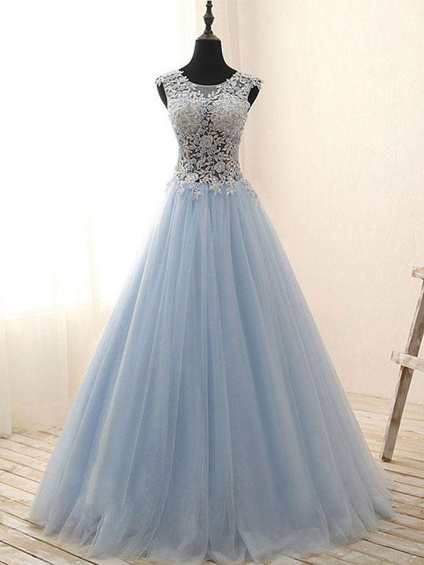 omberprom Elegant A-line Scoop-Neck Sleeveless Floor-Length Tulle Appliqued Prom Dress Wholesale