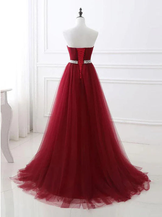 A-line Sweetheart Sweep Train Tulle Rhinestone Prom Dresses Off Shoulder Floor Length Wholesale