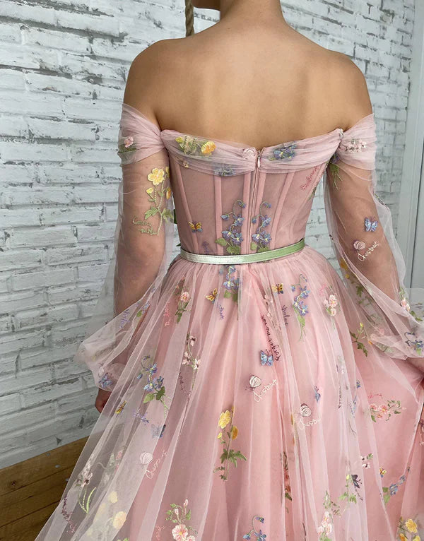 omberprom Fashion A-line Light Pink Evening Dress Embroidery Off the Shoulder Prom Dress