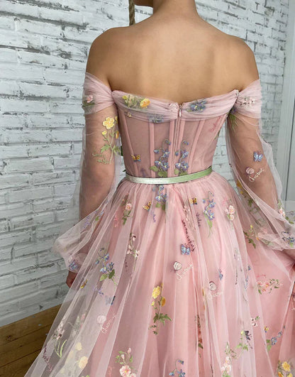 omberprom Fashion A-line Light Pink Evening Dress Embroidery Off the Shoulder Prom Dress