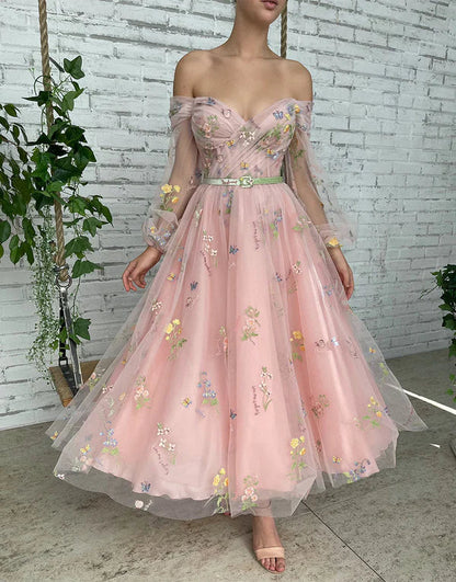 omberprom Fashion A-line Light Pink Evening Dress Embroidery Off the Shoulder Prom Dress