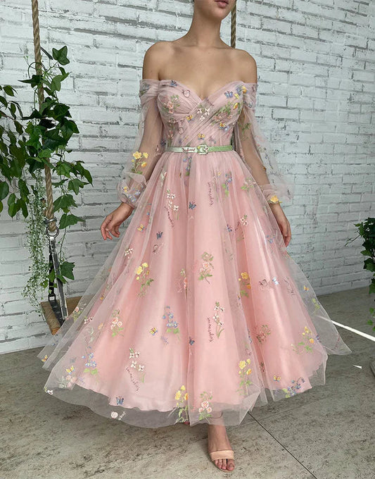 omberprom Fashion A-line Light Pink Evening Dress Embroidery Off the Shoulder Prom Dress